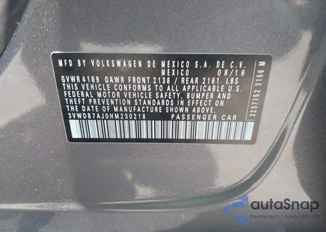 2017 Volkswagen Jetta 1.4T Se z USA, uszkodzony, nr VIN 3VWDB7AJ0HM230218